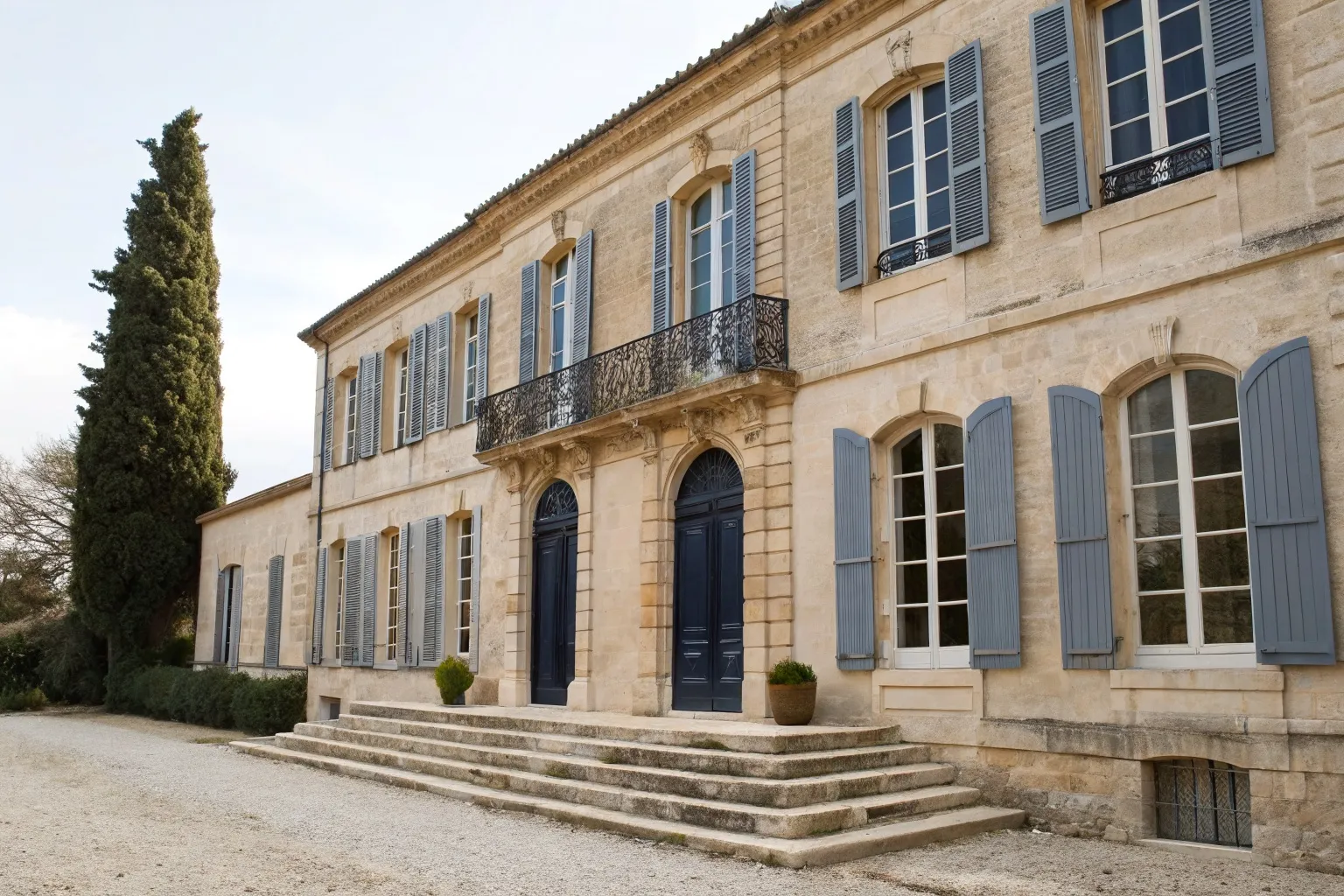 Façade en pierre blonde aux fenêtres cintrées, volets bleu nuit et balcons en fer forgé