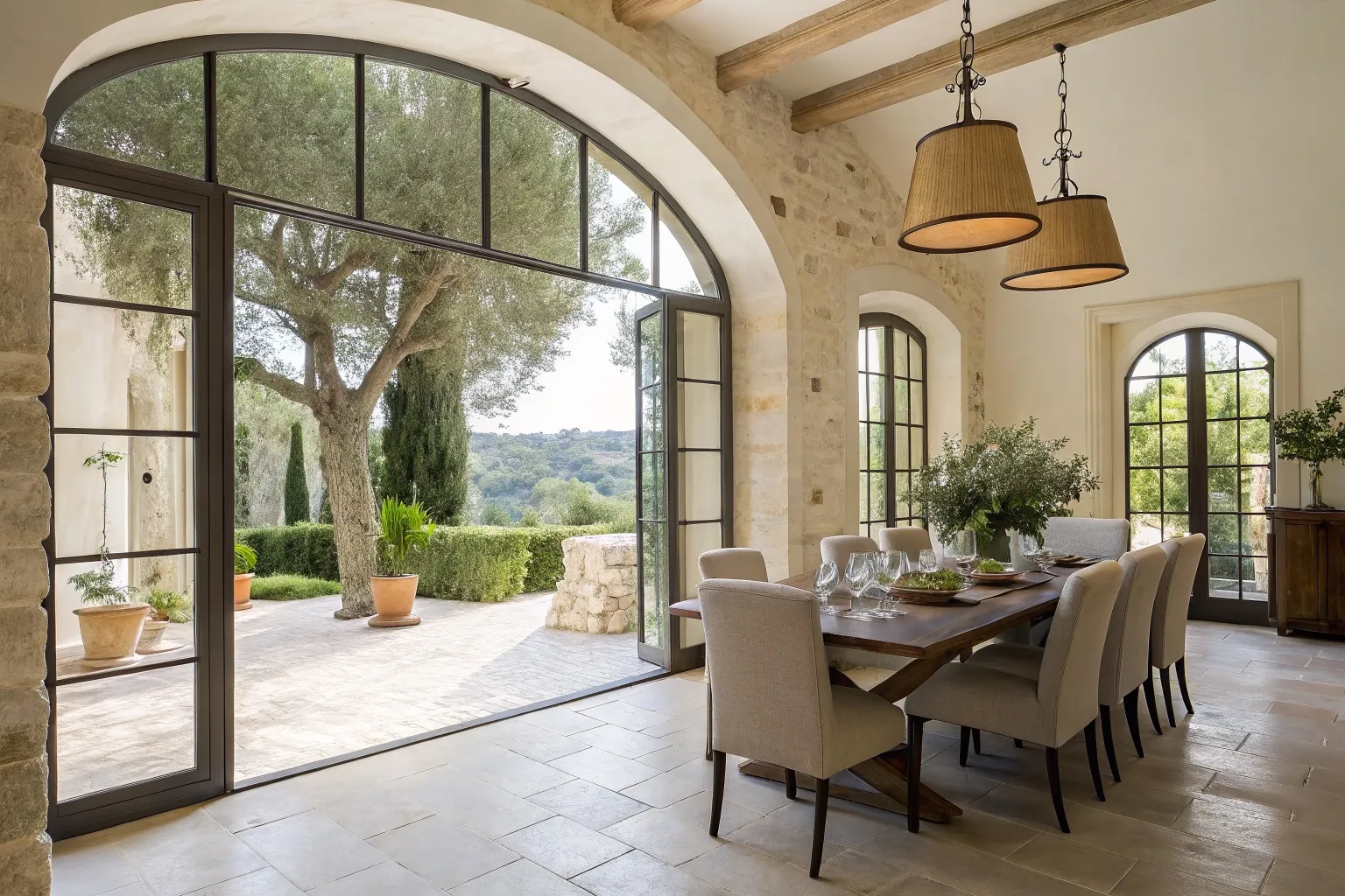 Salle à manger en pierre claire ouverte par de larges portes cintrées sur une terrasse ombragée et un jardin d'oliviers